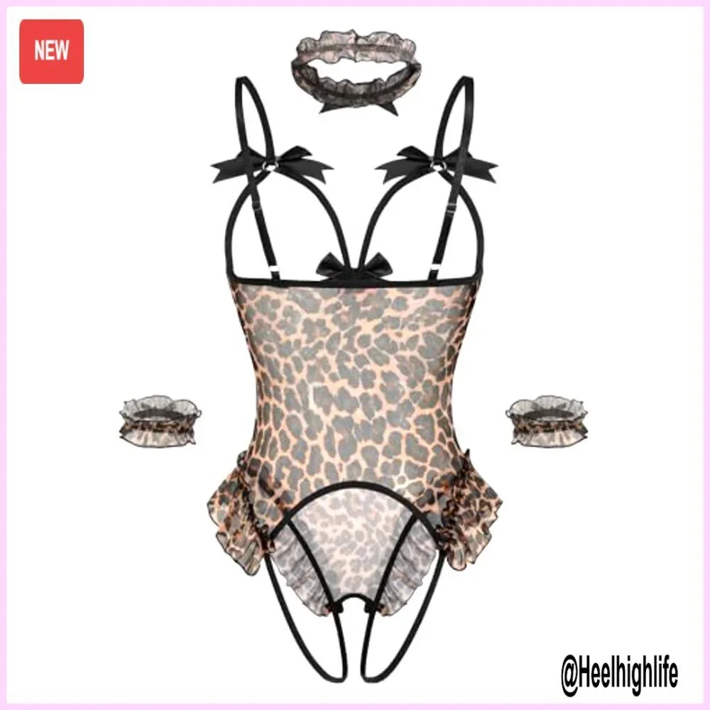 Sheer Mesh Bodysuit Set with Detachable Collar and Cuffs